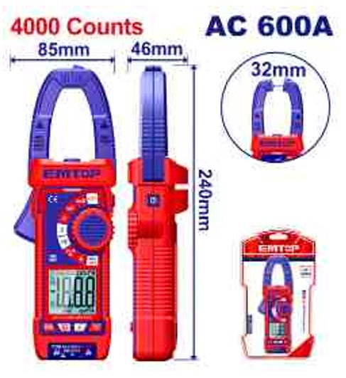 Digital AC Clamp Meter 4000 Counts, 4-600A, Frequency, Data Hold, Backlight